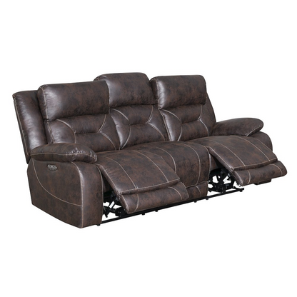 Start2Finish Aria Power Recliner Sofa in brown fabric with plush cushions and built-in recline mechanism.