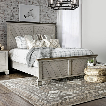 Start2Finish Bear Creek Queen Bed with wooden frame, headboard, and footboard in a cozy bedroom setting.