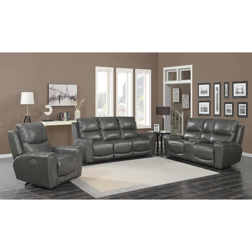 Start2Finish Laurel Pwr-Pwr Console Loveseat in fabric with plush cushions and built-in console, ideal for modern living rooms.