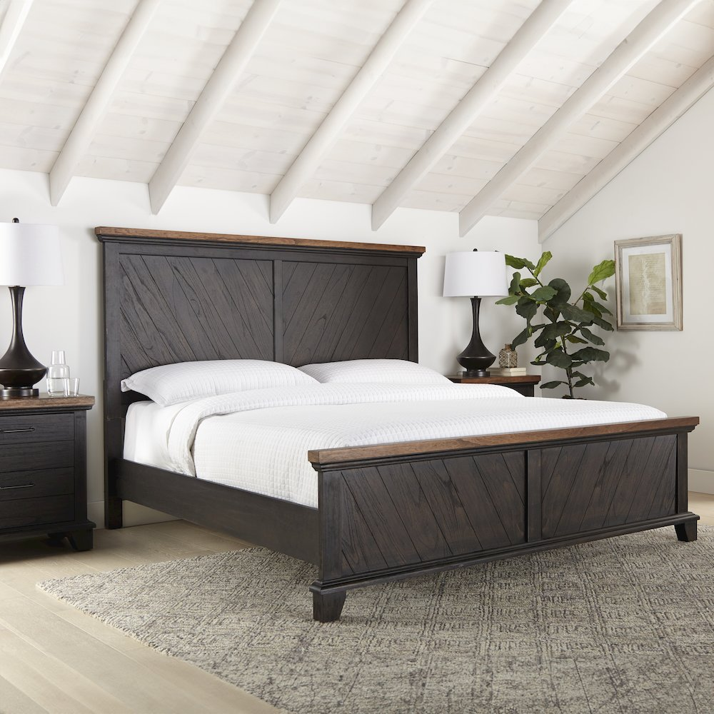 Brown Bear Creek Queen Bed by Start2Finish with a wooden frame and headboard, shown in a cozy bedroom setting.