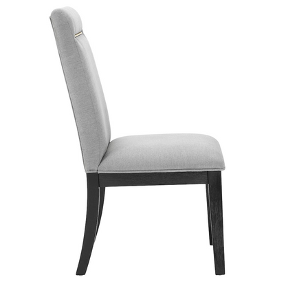 Yves black dining table with six grey chairs, modern furniture set by Start2Finish arranged in a dining room setting