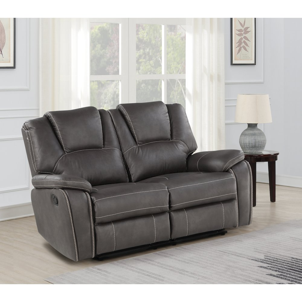 Katrine Charcoal Manual Loveseat by Start2Finish with plush fabric, cushioned back, and wooden legs in a cozy living room setting