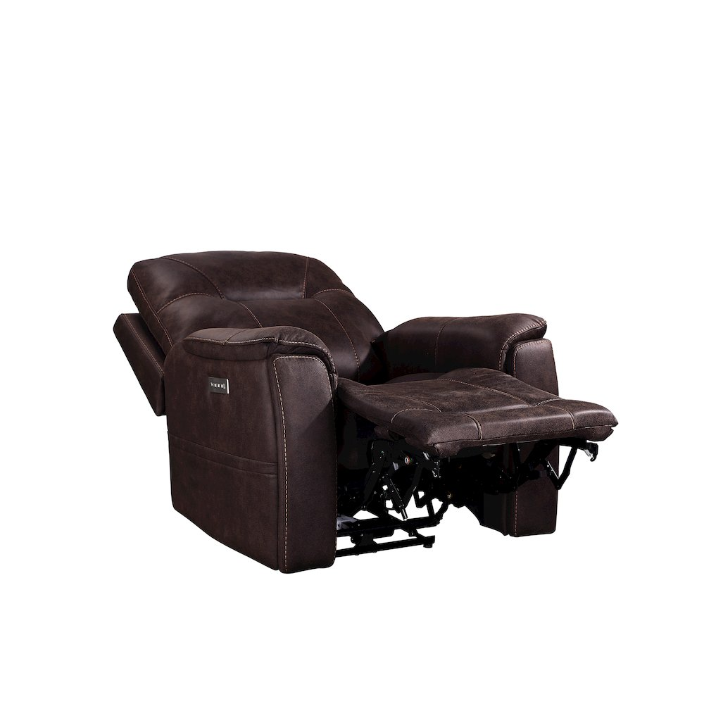 Start2Finish Lexington Power Media Recliner in dark leather, featuring plush cushioning and built-in USB charging port.