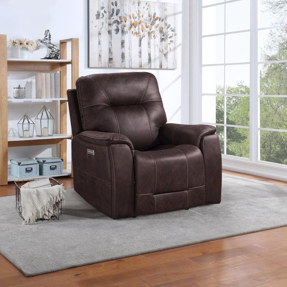 Start2Finish Lexington Power Media Recliner in dark upholstery with plush cushioning and a built-in footrest.