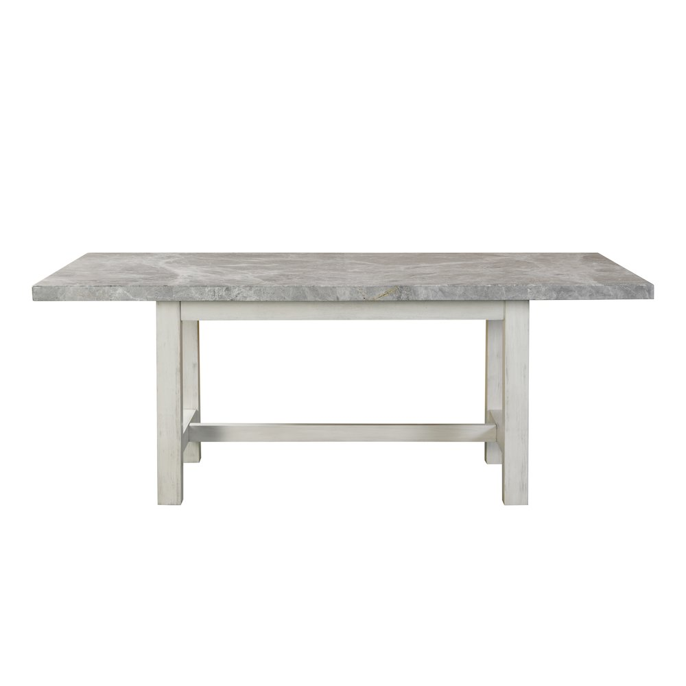 Start2Finish Canova gray marble top dining table showing its sleek marble surface and sturdy wooden legs.