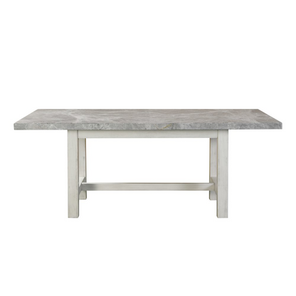 Start2Finish Canova gray marble top dining table showing its sleek marble surface and sturdy wooden legs.