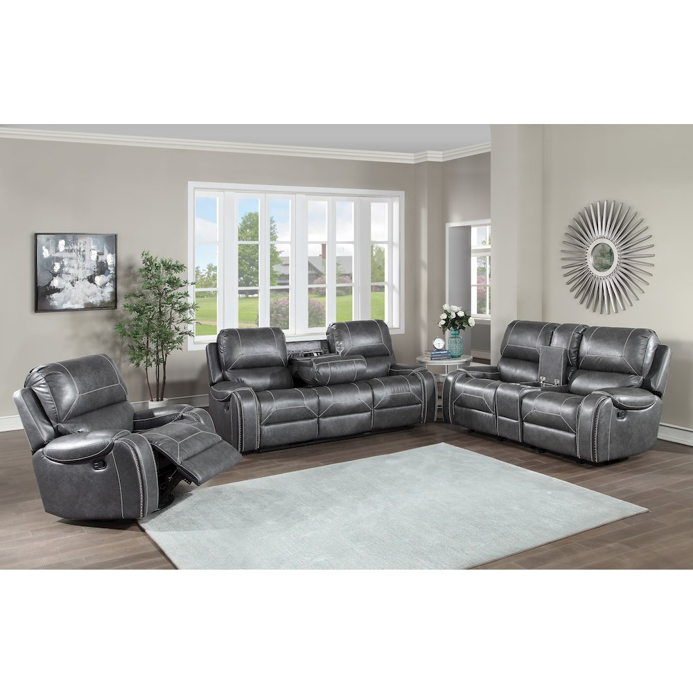 Gray Keily Manual Sofa by Start2Finish with plush cushions and sleek design, shown from a front angle in a modern living room setting.