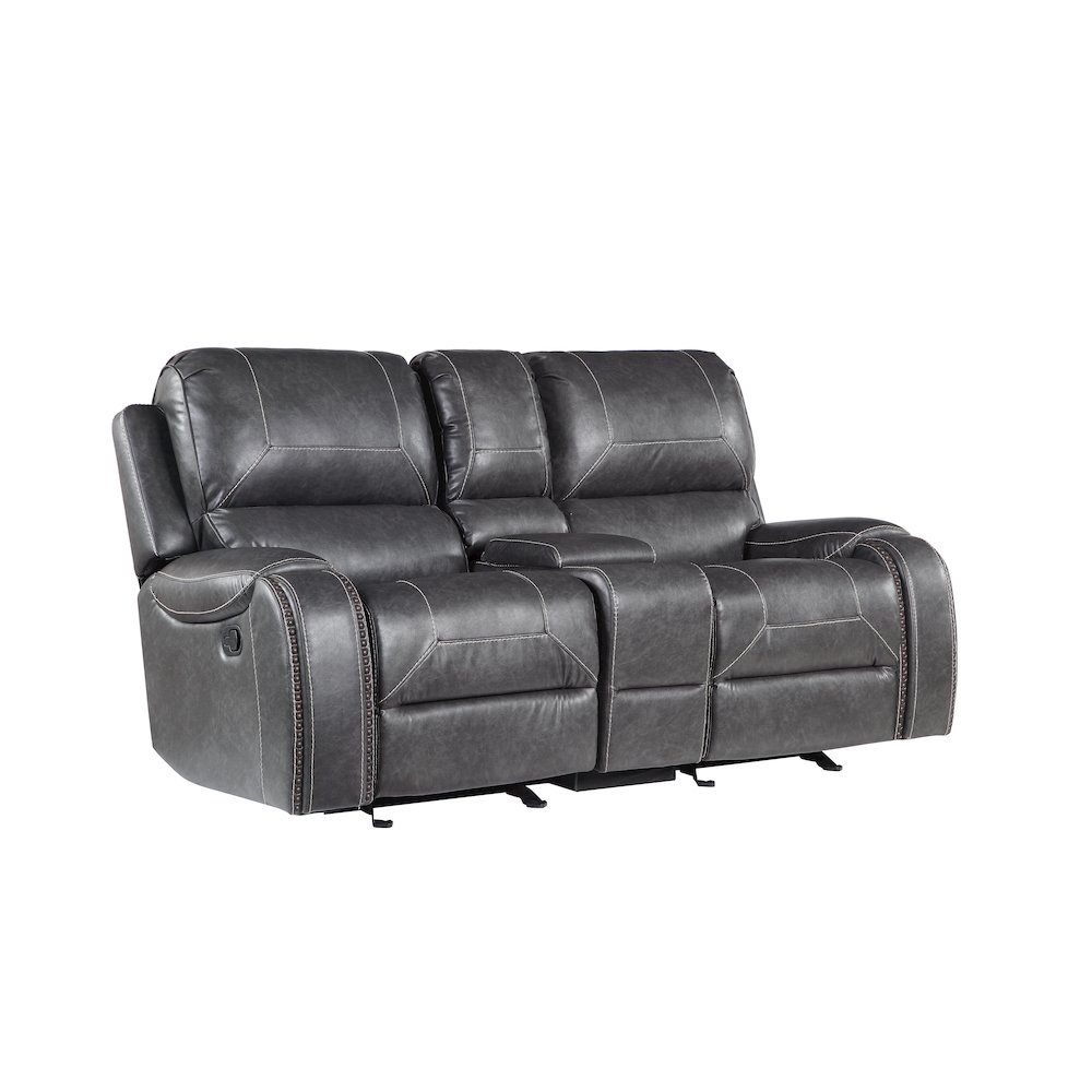 Gray manual console loveseat by Start2Finish with cushioned seats and backrest, featuring a sleek modern design.