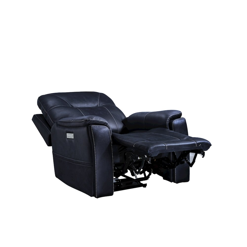 Start2Finish Lexington Power Media Recliner in dark fabric with padded armrests and built-in cup holders.