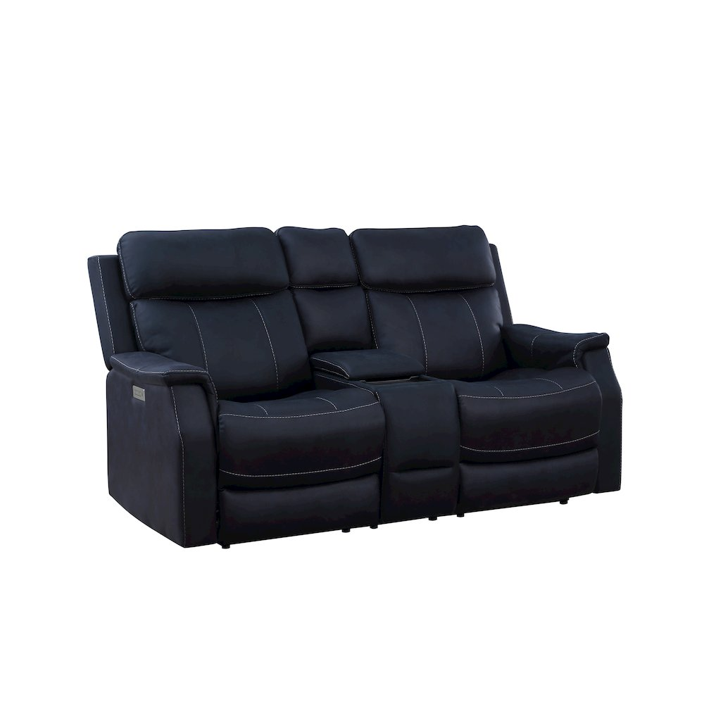 Start2Finish Valencia dual power reclining console loveseat in ocean blue fabric, featuring built-in cupholders and plush cushions.