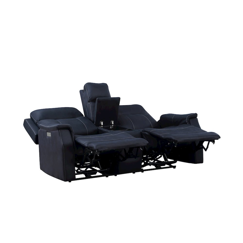 Start2Finish Valencia dual power reclining console loveseat in ocean blue, featuring plush cushions and built-in side storage.