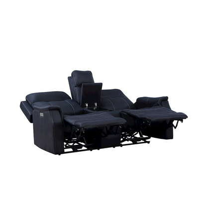 Start2Finish Valencia dual power reclining console loveseat in ocean blue, featuring plush cushions and built-in side storage.