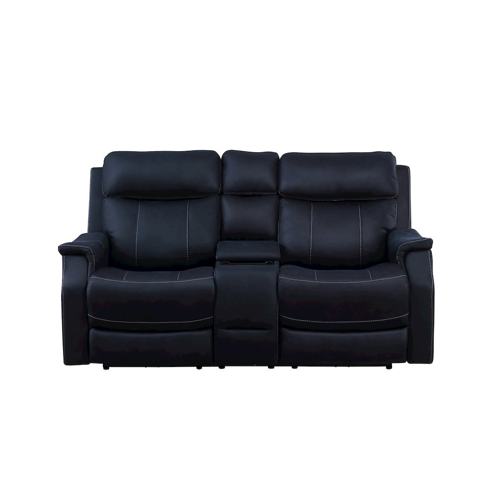 Start2Finish Valencia Dual Power Reclining Console Loveseat in ocean blue, featuring plush cushions and built-in console.