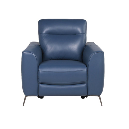 Start2Finish Sansa P/P Reclining Chair in ocean blue fabric, showing the padded backrest and reclining mechanism.