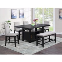 Yves Black counter table with storage, paired with a bench and four grey counter chairs, modern furniture for dining or workspace.