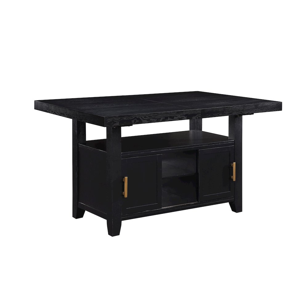Yves black counter table with built-in storage and four grey counter chairs, modern furniture set by Start2Finish.