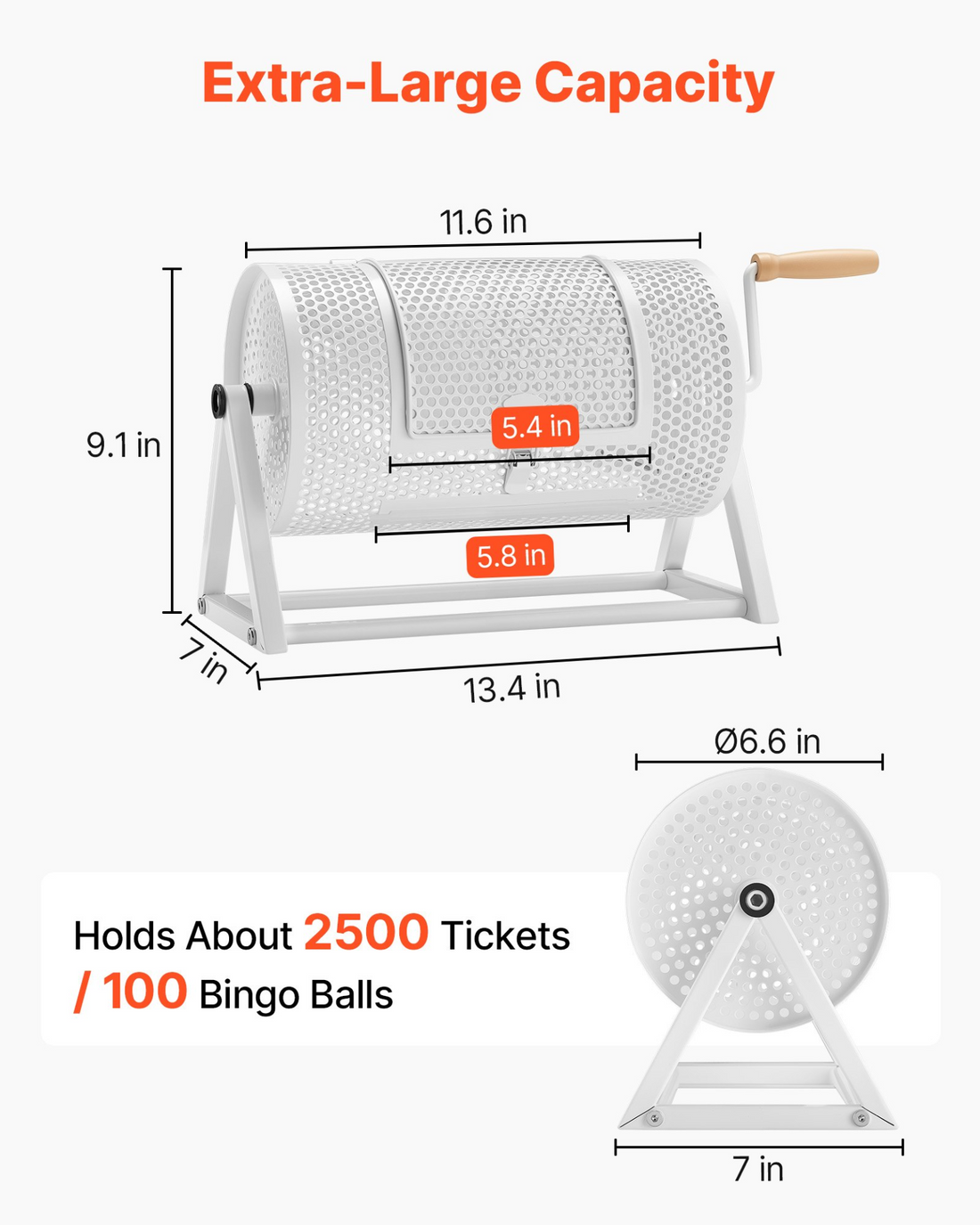 White VEVOR raffle ticket spinner with reinforced handle, triangular stand, holds 2500 tickets or 100 ping pong balls for events.