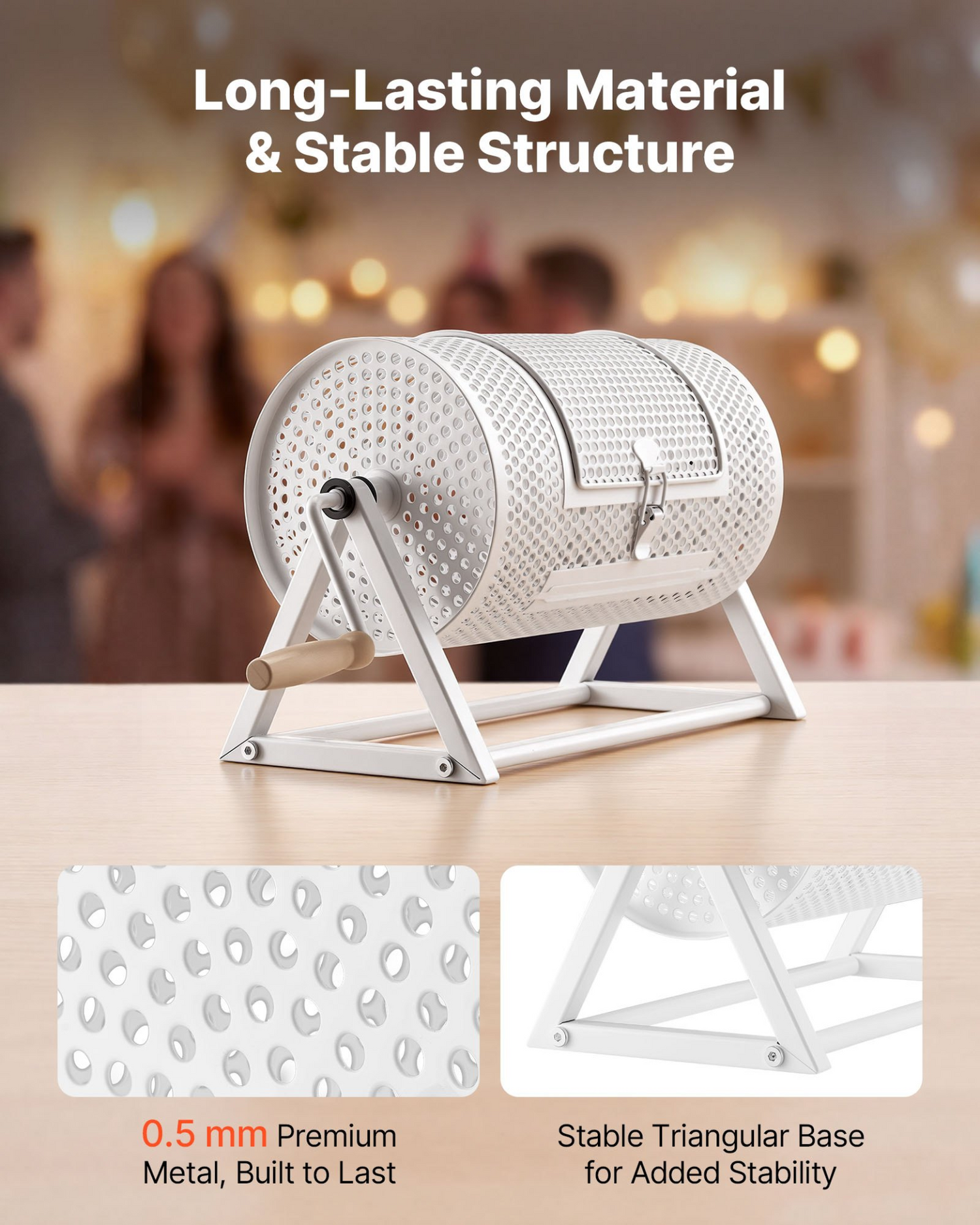 White VEVOR raffle ticket spinner with reinforced handle, triangular stand, holds 2500 tickets or 100 ping pong balls, for events.