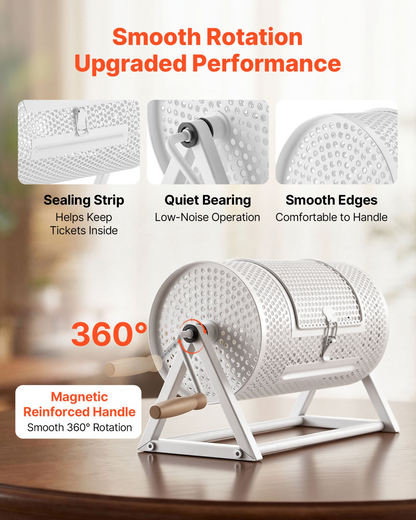 White VEVOR raffle ticket spinner with triangular stand, reinforced handle, holds 2500 tickets or 100 ping pong balls for events.