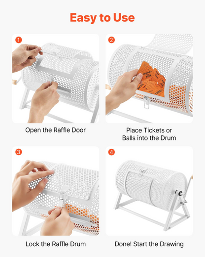Start2Finish VEVOR raffle ticket spinner with triangular stand, holds 2500 tickets or 100 ping pong balls, white event lottery drum