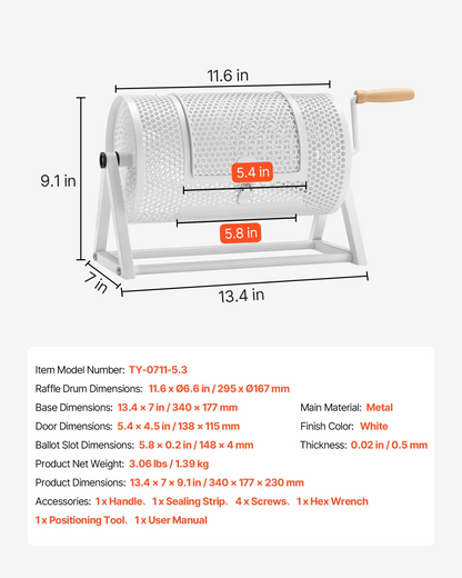 Start2Finish VEVOR raffle ticket spinner with triangular stand, holds 2500 tickets or 100 ping pong balls, white event supply