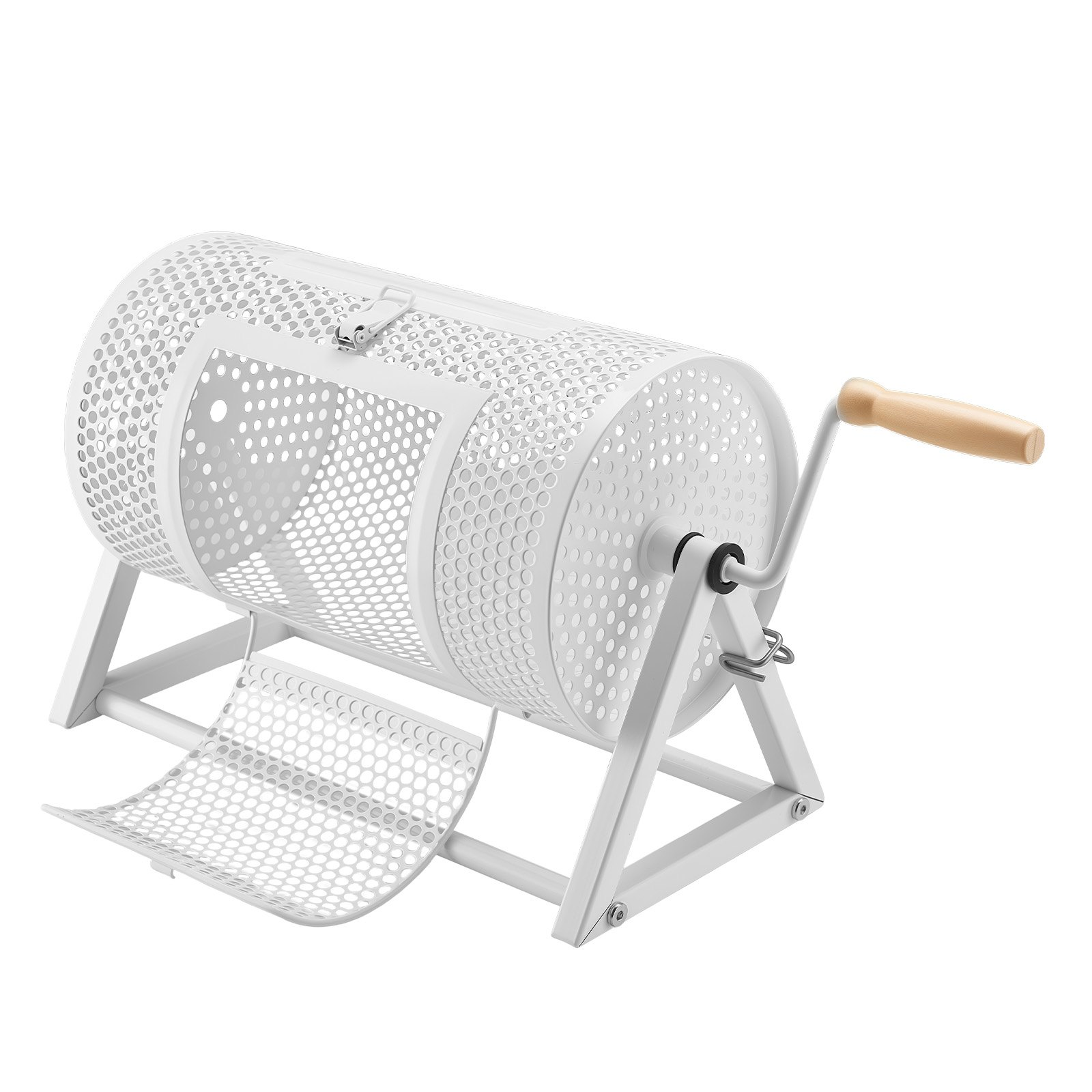 White VEVOR raffle ticket spinner with reinforced handle, triangular stand, holds 2500 tickets or 100 ping pong balls for events.