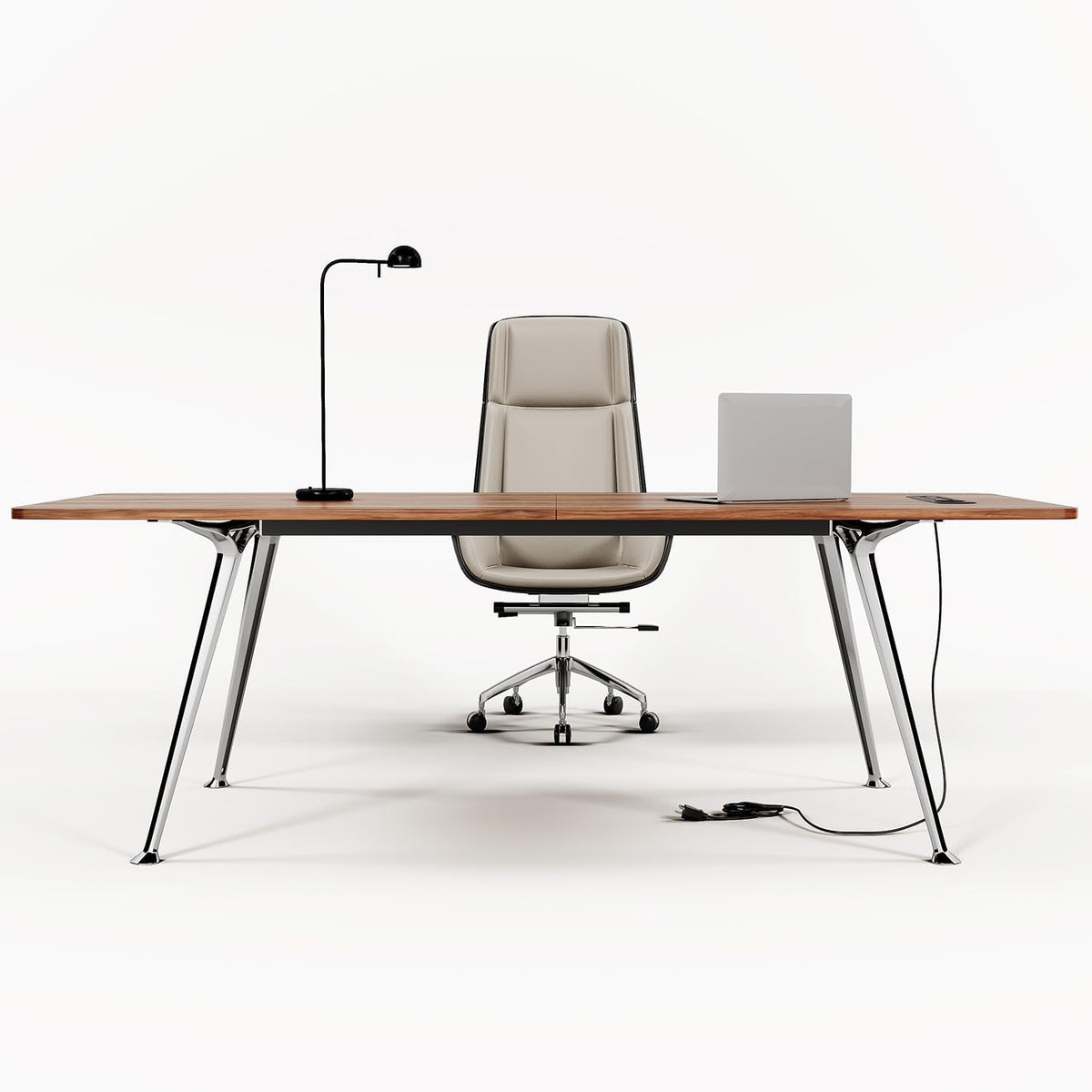 60 Inch Writing Computer Desk With Chrome Legs And Built In Power Outlet