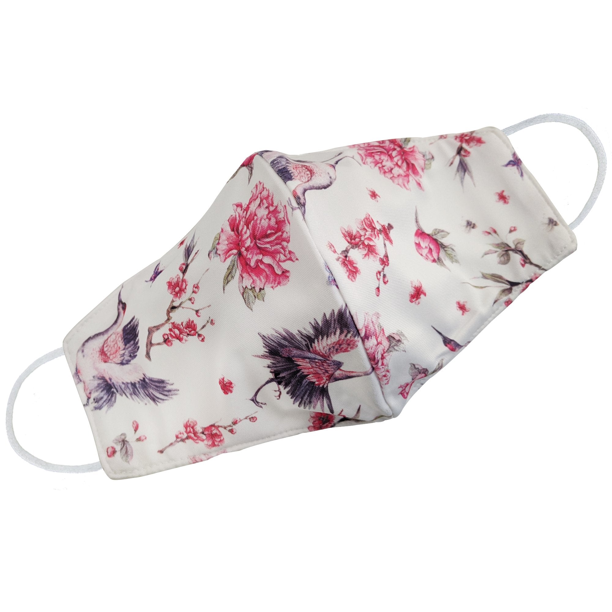 Pink Birds face mask for women featuring floral and bird patterns, by Cyan Poppy, showcasing vibrant design and comfortable fit.