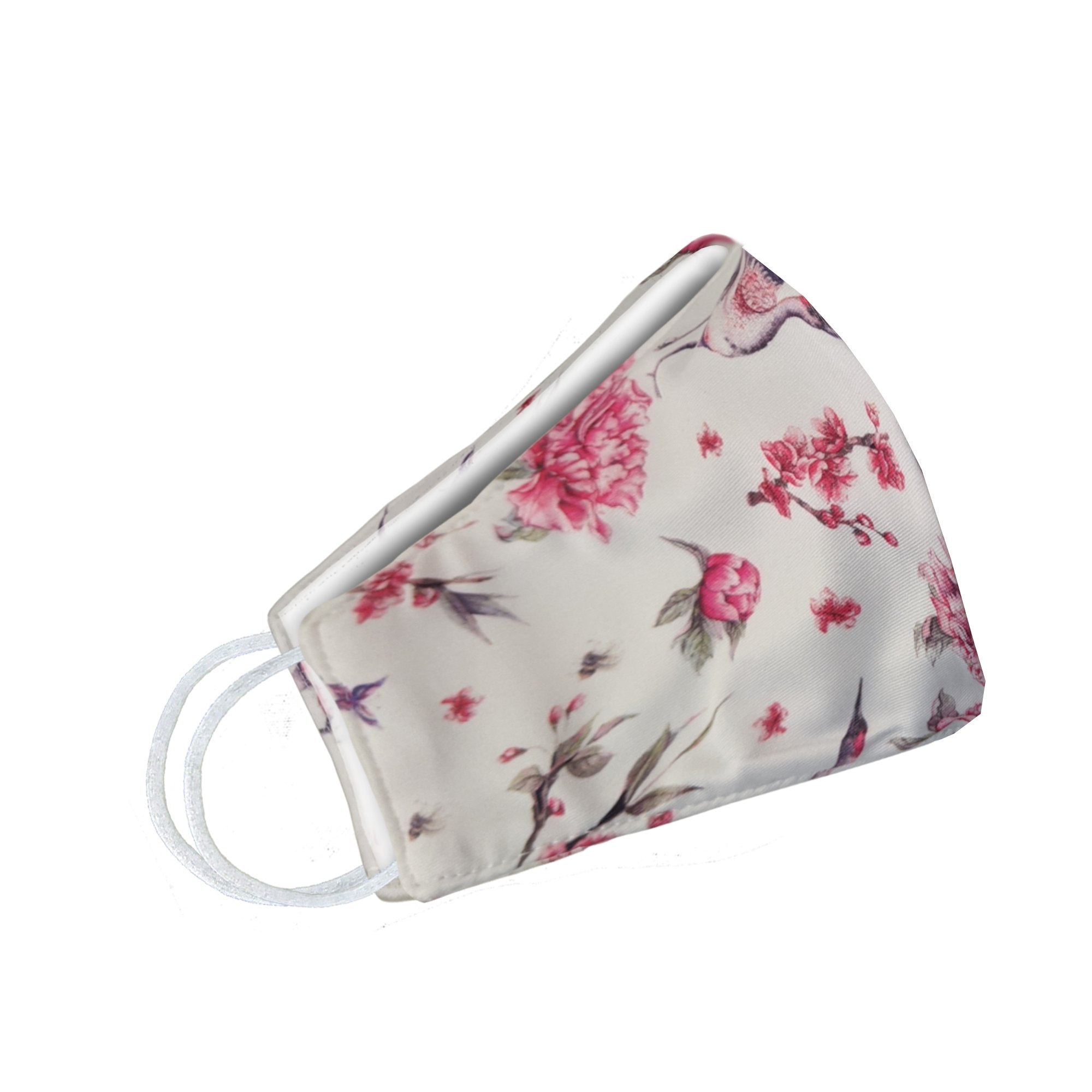 Pink birds and flowers face mask for women by Cyan Poppy, featuring a floral and bird pattern on fabric.