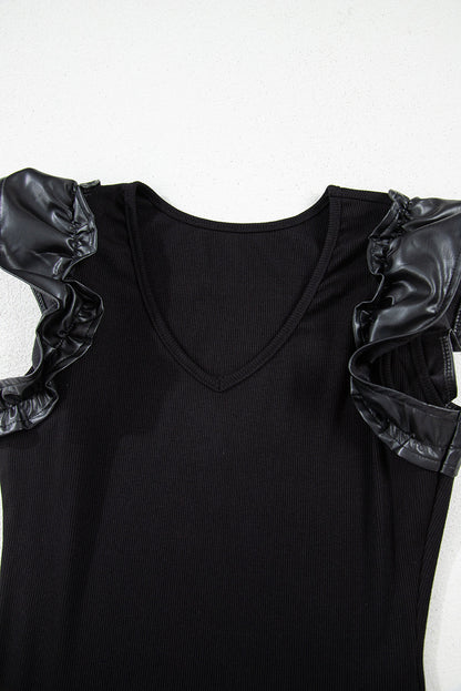 Solid ribbed leatherette ruffle sleeve bodysuit by Byzantium Bay, featuring textured fabric and stylish ruffle accents.
