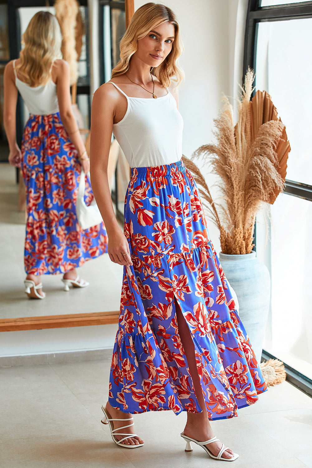 Byzantium Bay boho floral tiered maxi skirt with side slit, flowing lightweight women&