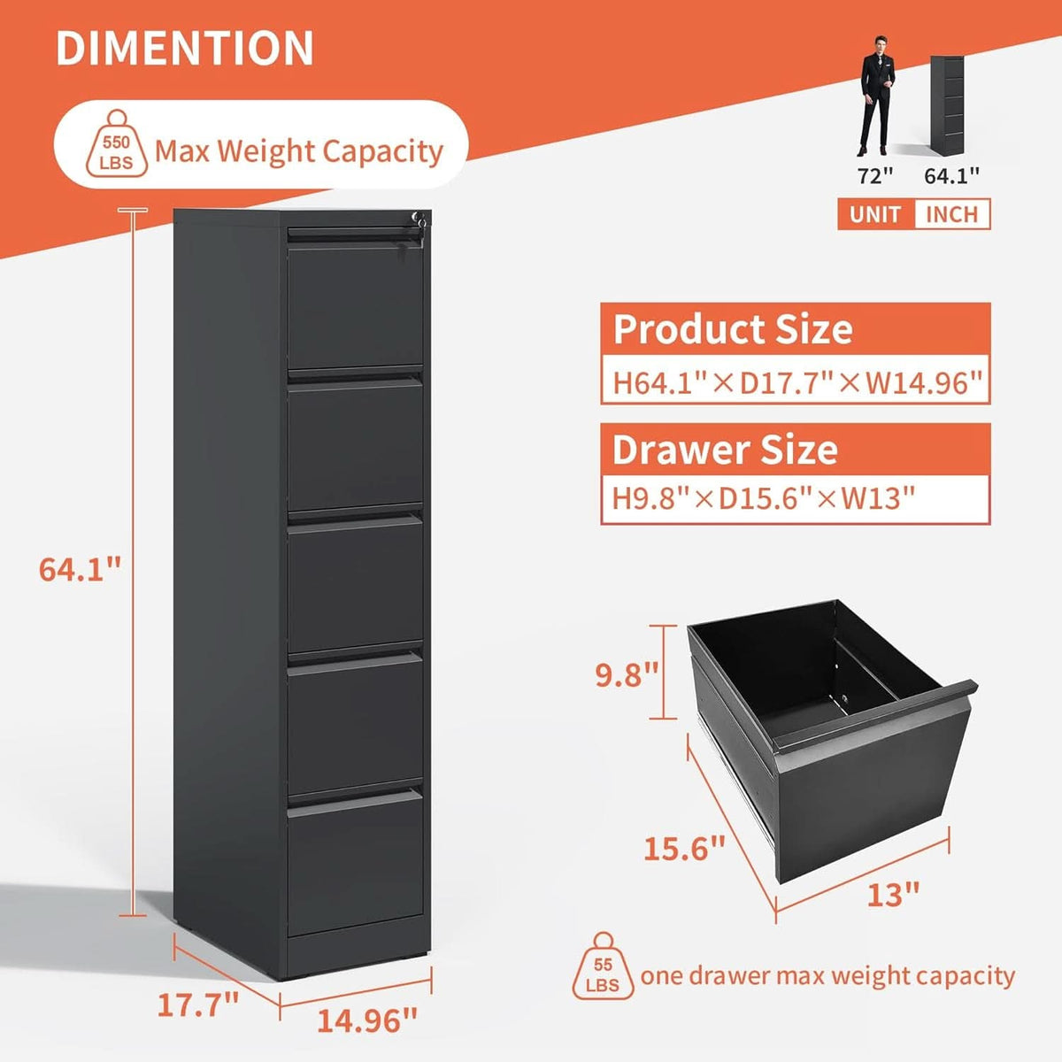 Metal 5 Drawer Vertical File Cabinet With Lock For A4 Letter Legal