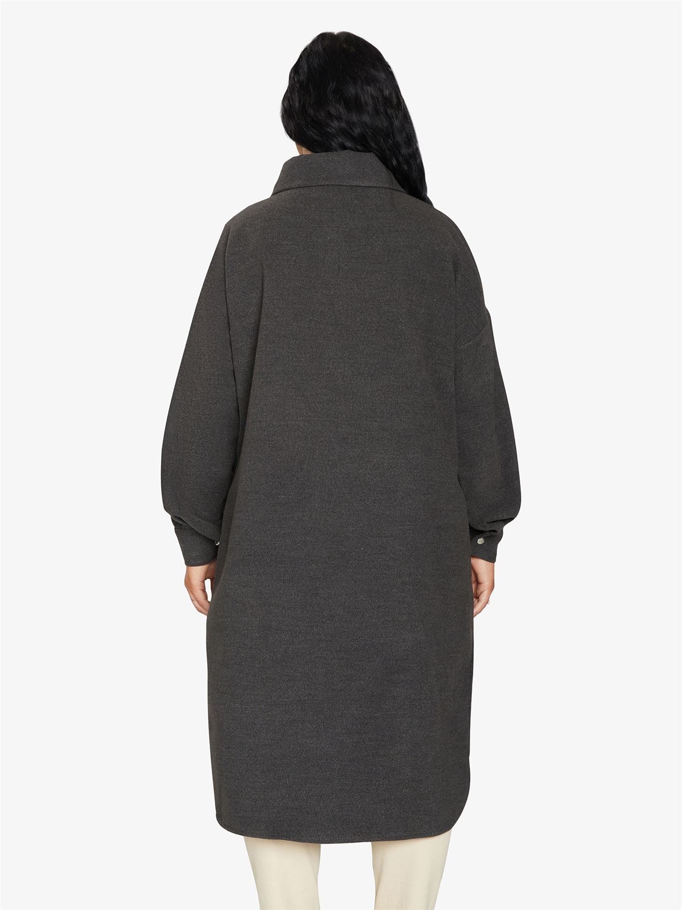 Rose Eleusis oversized longline shacket in neutral fabric, featuring a relaxed fit and button front, stylish for layered winter wear.