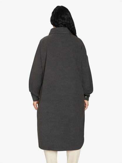 Rose Eleusis oversized longline shacket in neutral fabric, featuring a relaxed fit and button front, stylish for layered winter wear.