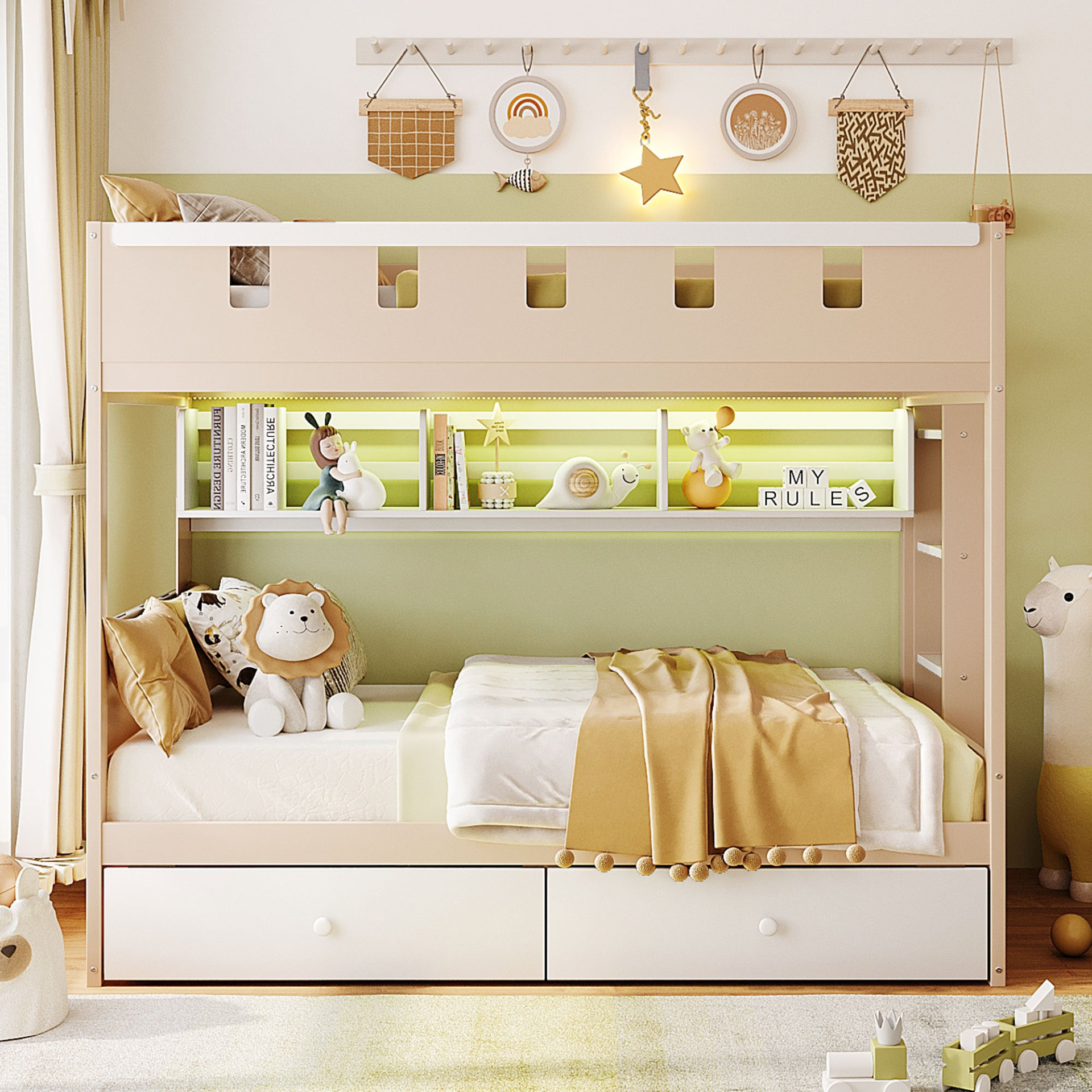 White and antique pink twin bunk bed made of solid wood with drawers and shelves, ideal for bedroom or guest room.