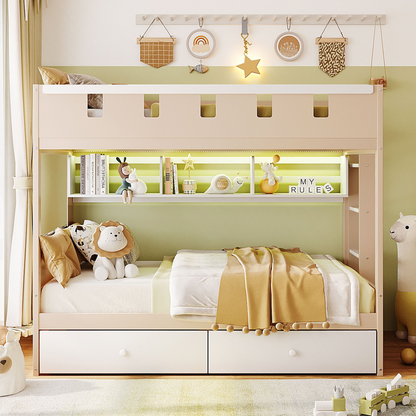 White and antique pink twin bunk bed made of solid wood with drawers and shelves, ideal for bedroom or guest room.