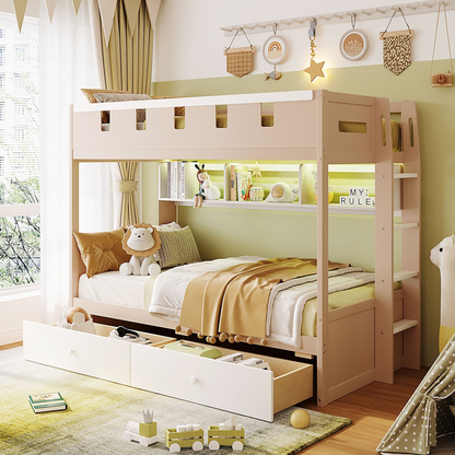 Start2Finish twin bunk bed in white and antique pink solid wood with built-in drawers and shelves for bedroom or guest room.
