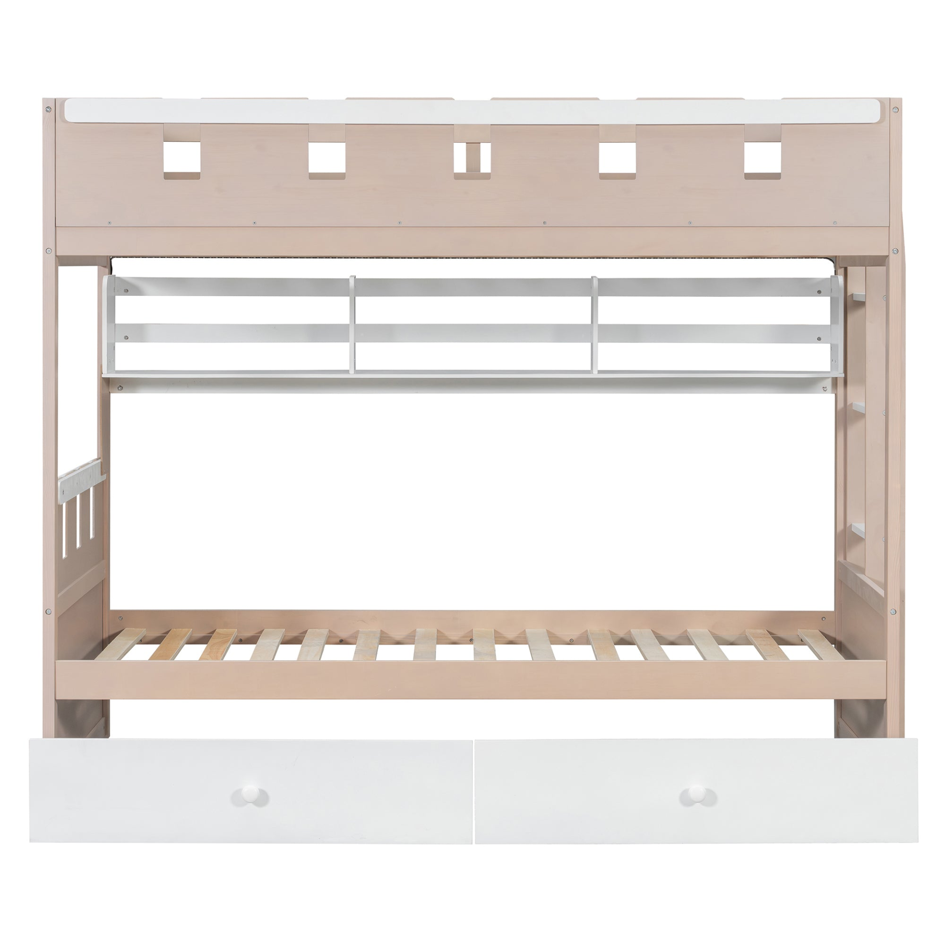 White and antique pink solid wood bunk bed with drawers and shelves from Start2Finish, designed for bedroom or guest room.