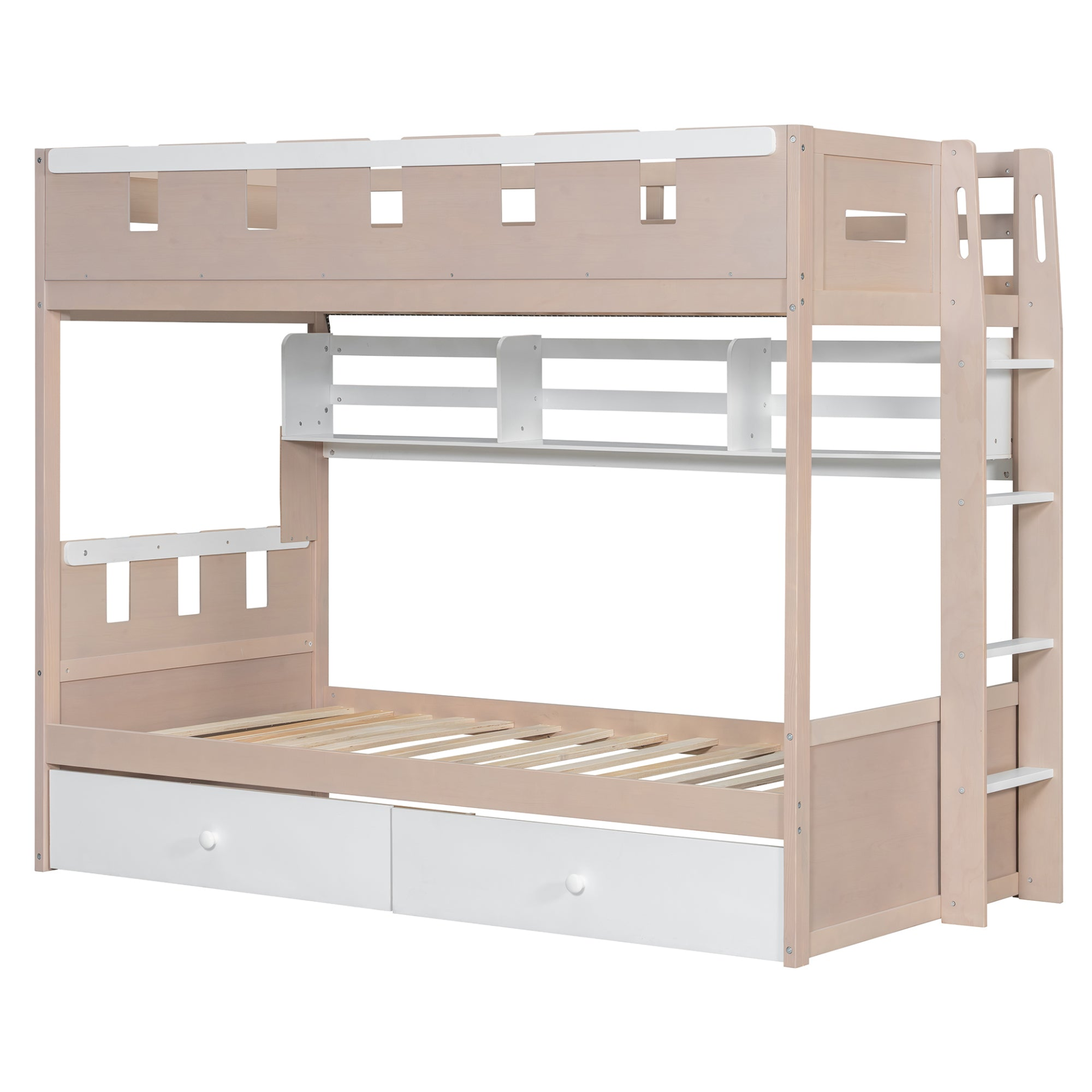 White and antique pink solid wood bunk bed with drawers and shelves, ideal for bedroom or guest room from Start2Finish