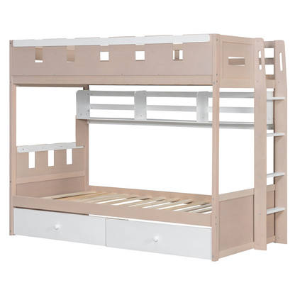 White and antique pink solid wood bunk bed with drawers and shelves, ideal for bedroom or guest room from Start2Finish