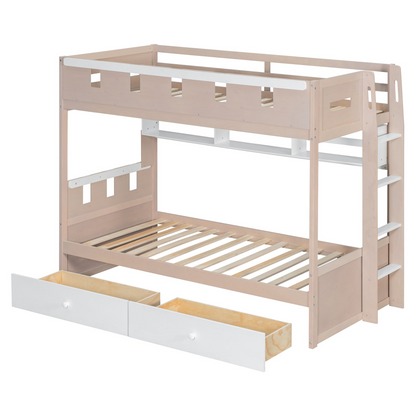 White and antique pink solid wood bunk bed with drawers and shelves, ideal for bedroom or guest room by Start2Finish