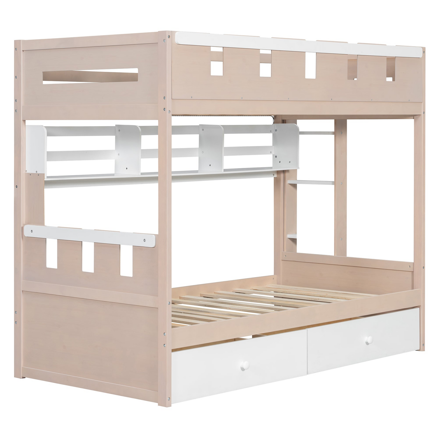 Start2Finish twin bunk bed in white and antique pink solid wood with drawers and shelves for bedroom or guest room.