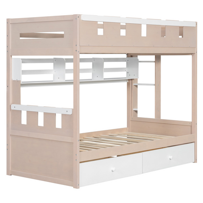 Start2Finish twin bunk bed in white and antique pink solid wood with drawers and shelves for bedroom or guest room.