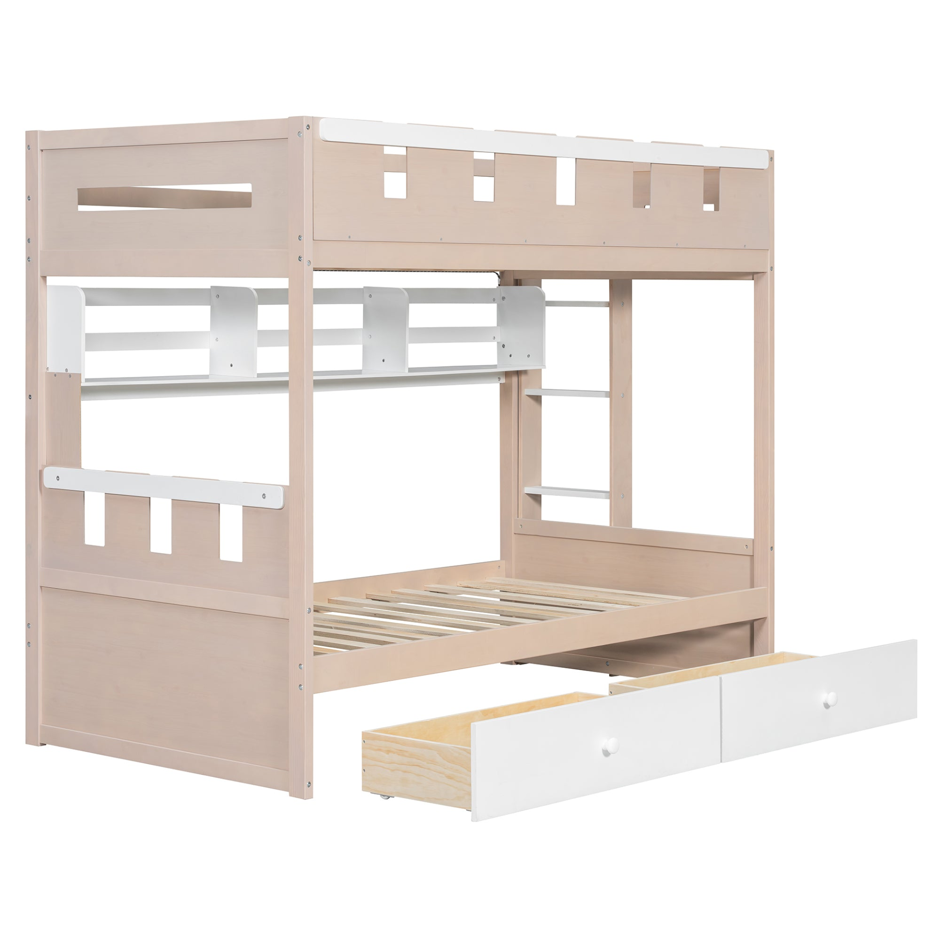 White and antique pink solid wood bunk bed with drawers and shelves, ideal for bedroom or guest room by Start2Finish.