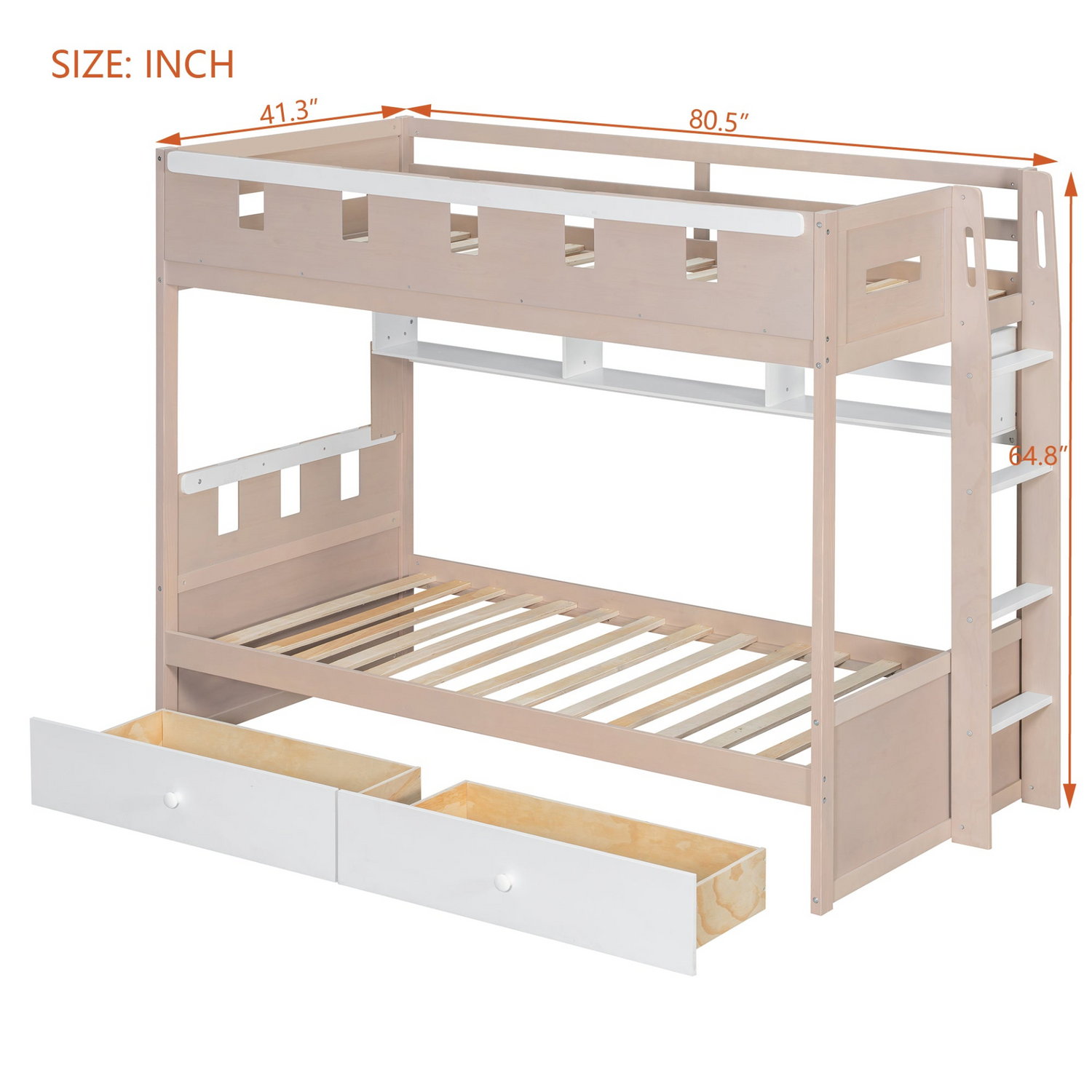 White and antique pink solid wood bunk bed by Start2Finish with drawers and shelves, perfect for bedroom or guest room.