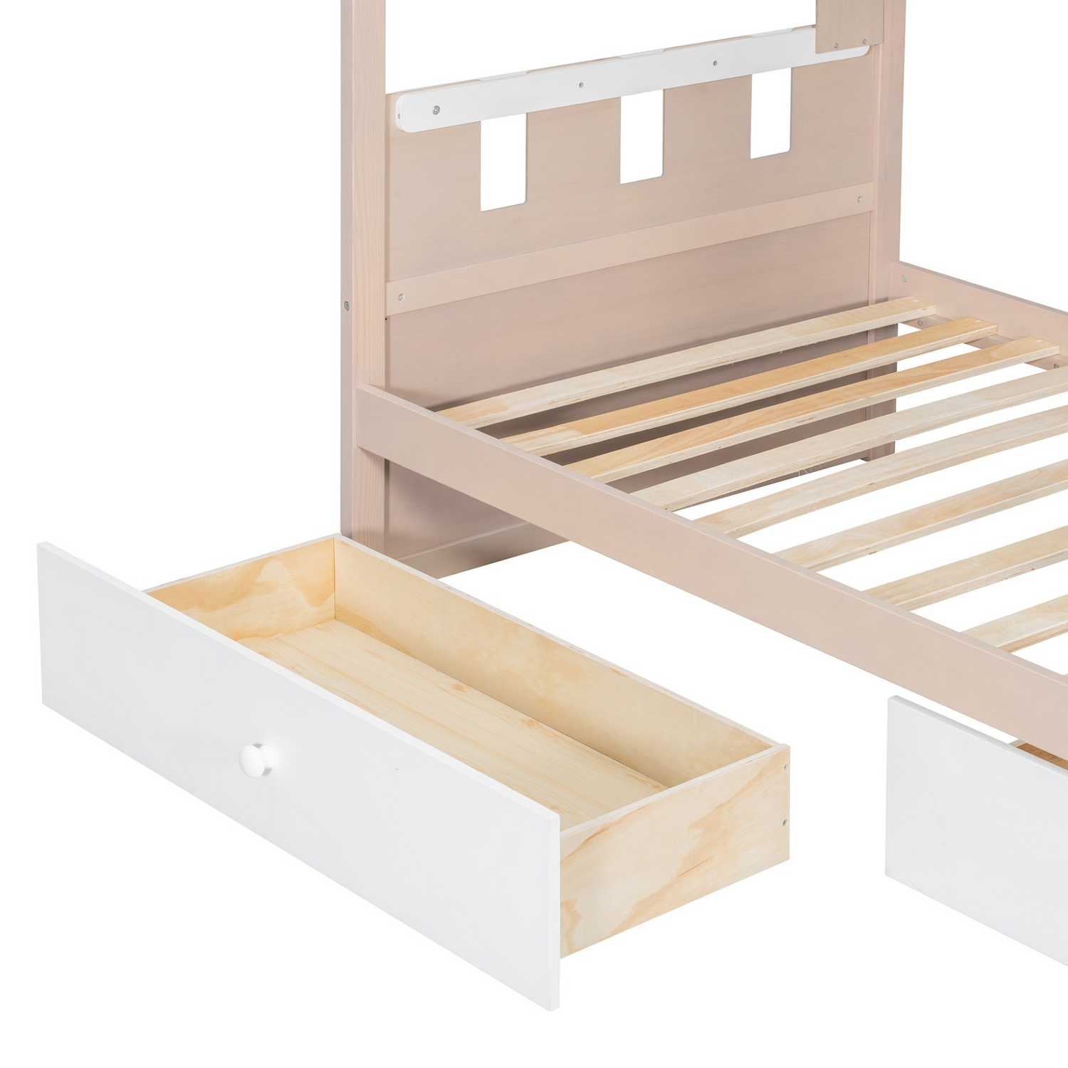 White and antique pink solid wood bunk bed by Start2Finish with drawers and shelves for bedroom or guest room.