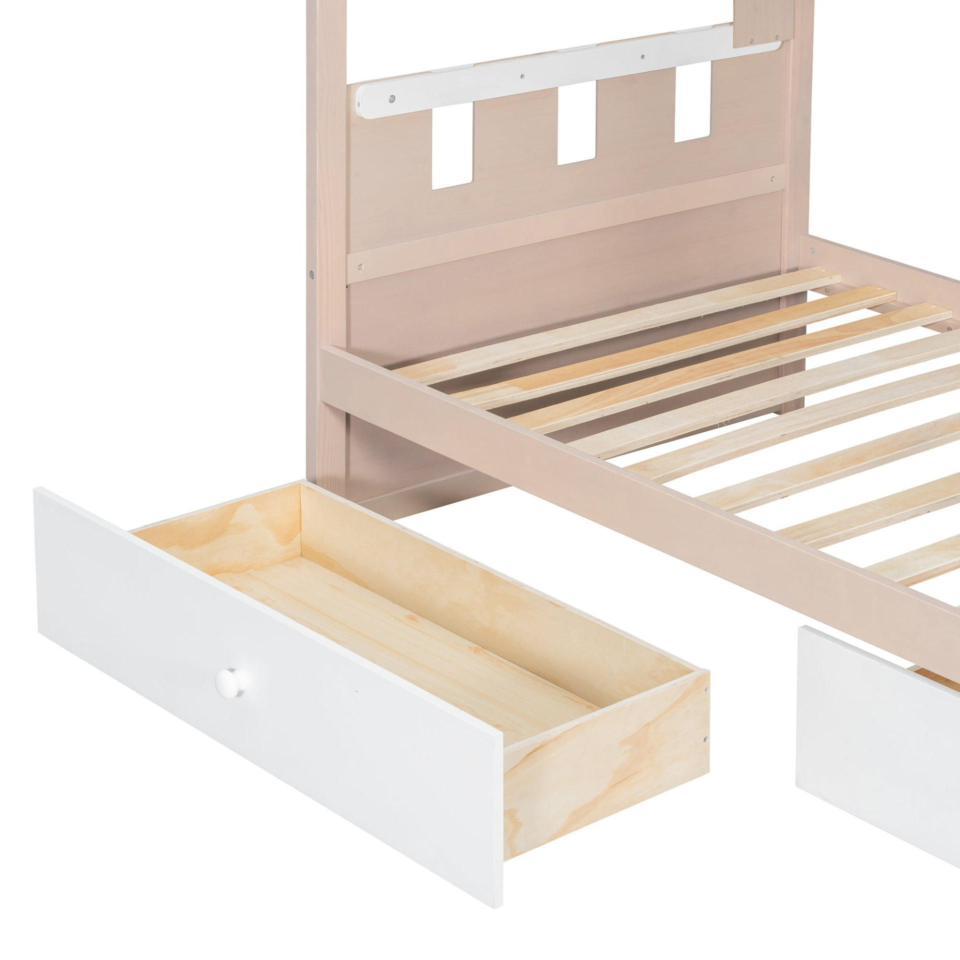 White and antique pink solid wood bunk bed by Start2Finish with drawers and shelves for bedroom or guest room.