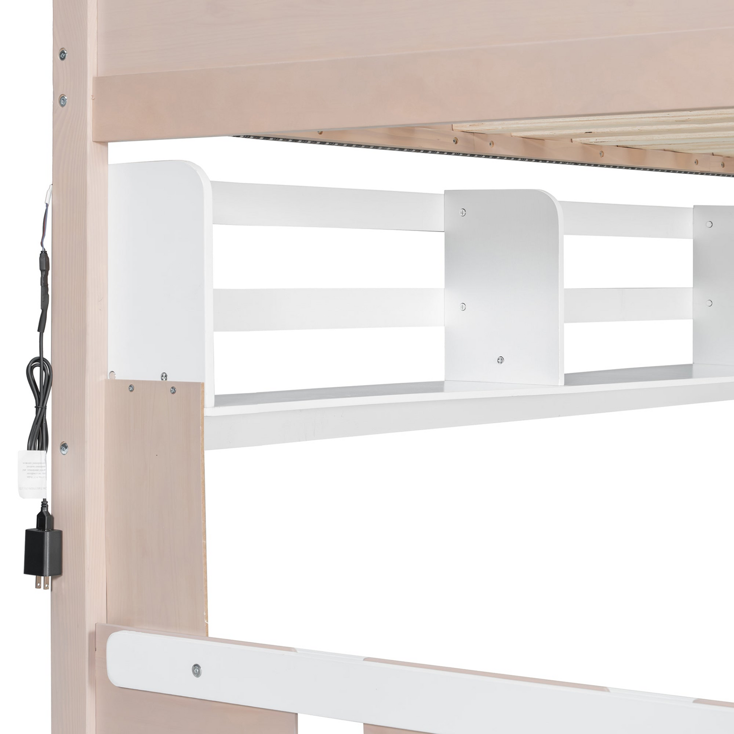 Start2Finish twin bunk bed in white and antique pink solid wood with drawers and shelves for bedroom or guest room.