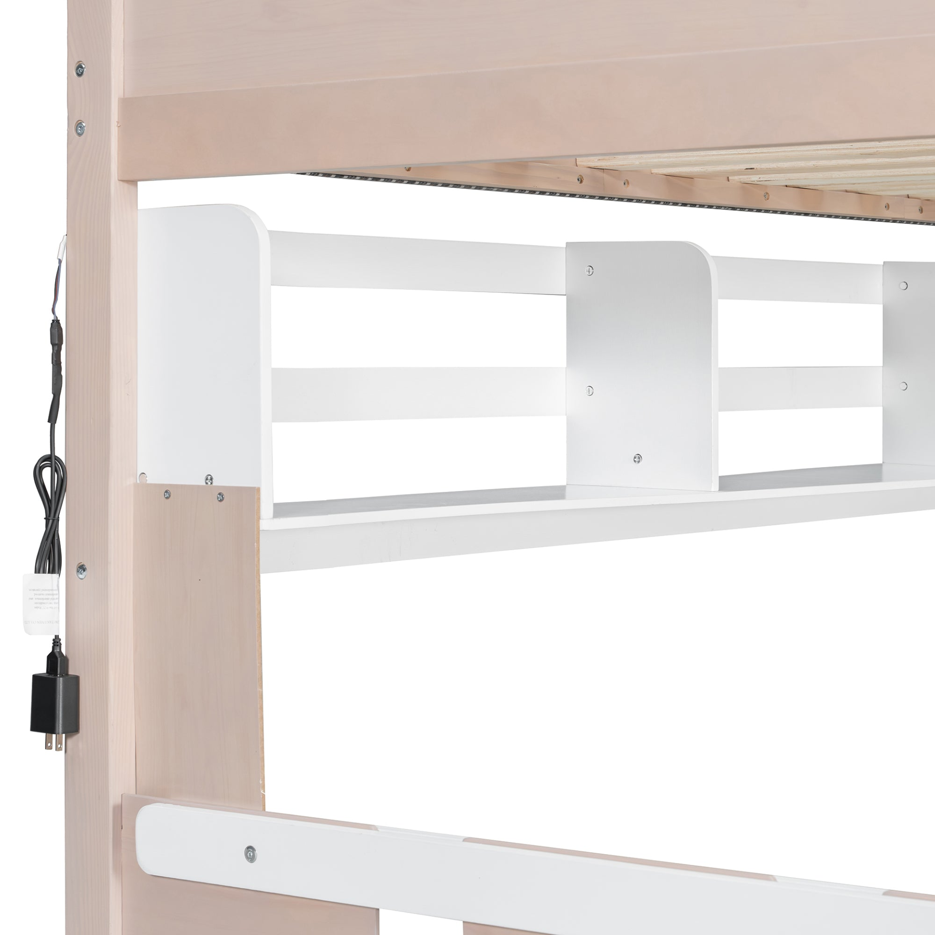 Start2Finish twin bunk bed in white and antique pink solid wood with drawers and shelves for bedroom or guest room.