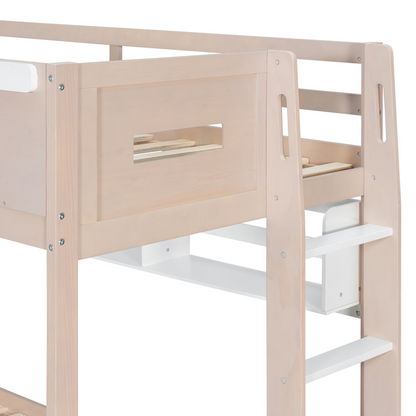 White and antique pink twin bunk bed by Start2Finish with solid wood construction, drawers, and shelves for bedroom or guest room.